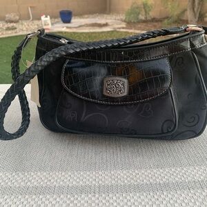Black Croc-Embossed Embossed Swirled Fabric Shoulder Bag